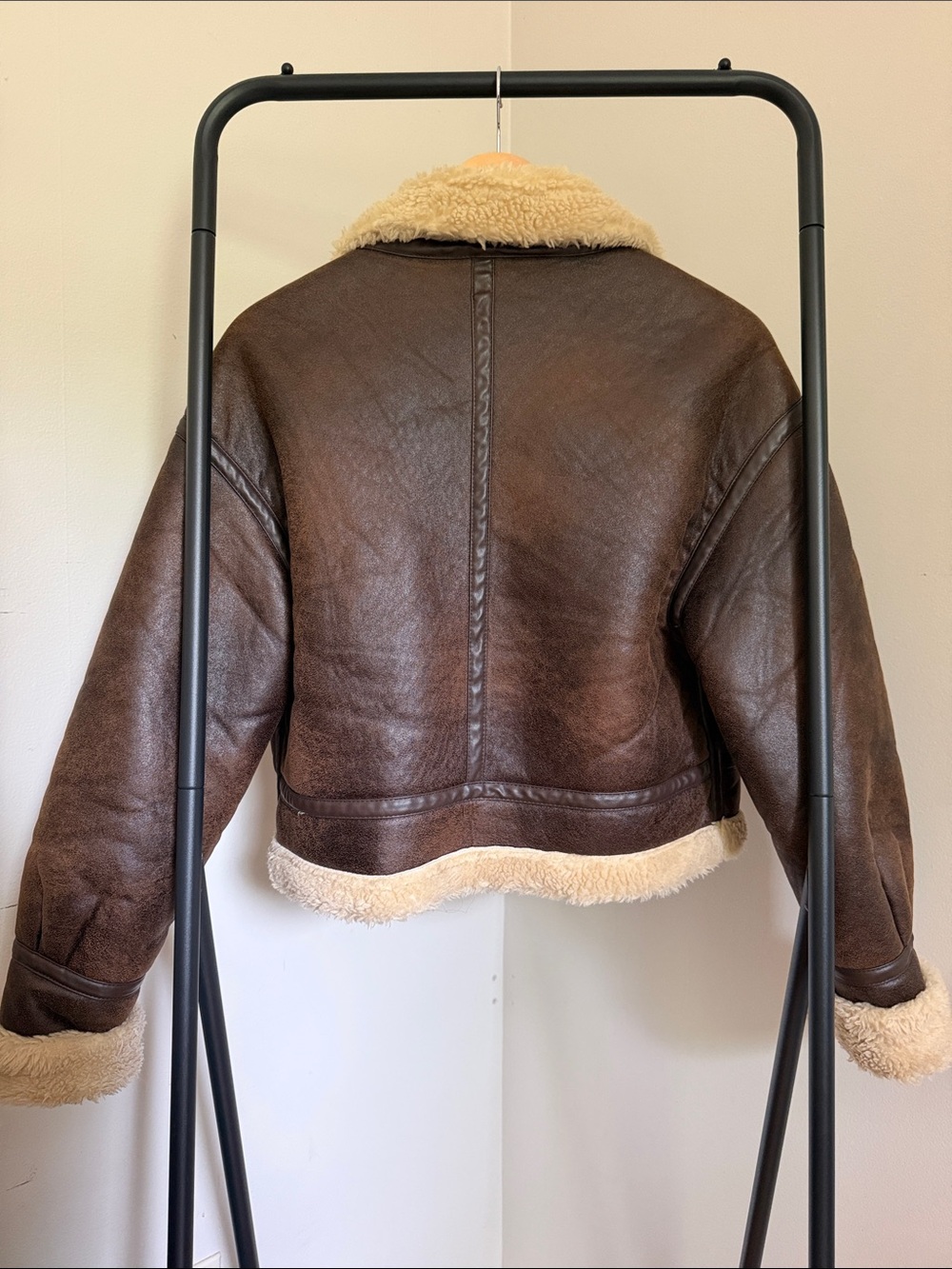 ZARA Sherpa-Lined Brown Leather Aviator Bomber Jacket - Picture 4 of 5